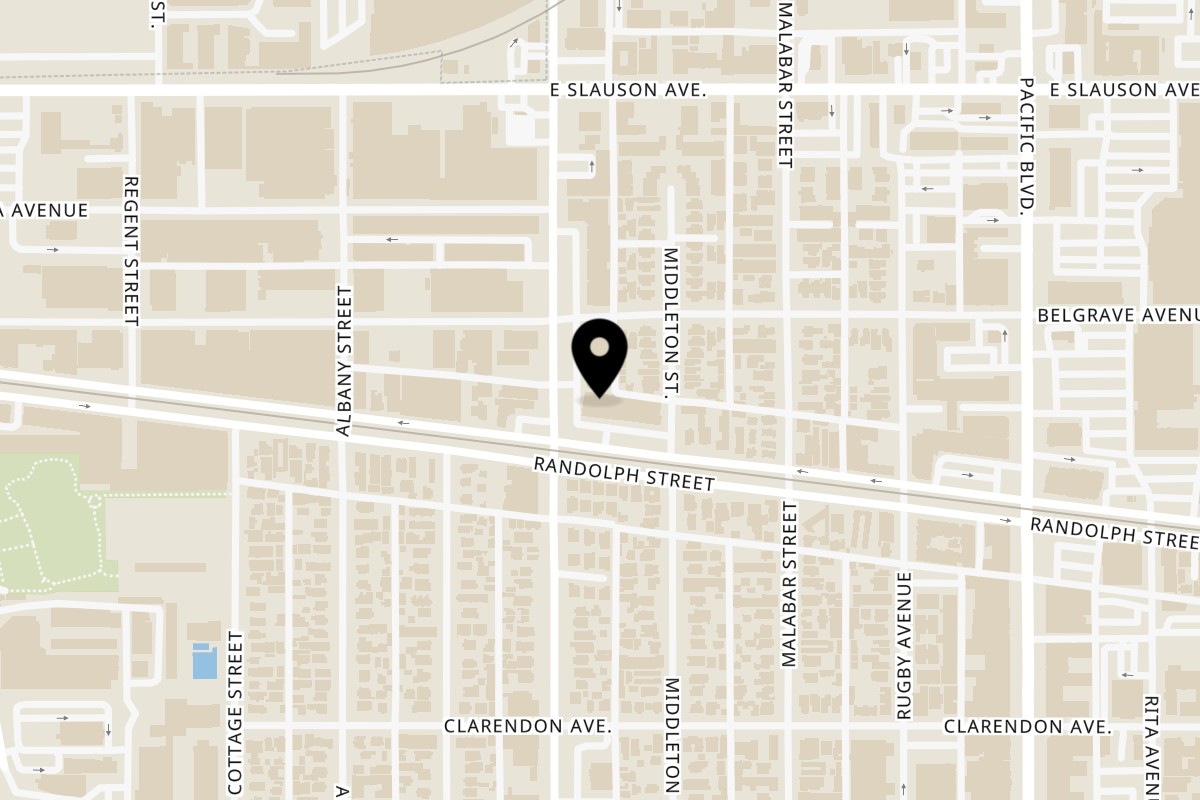 Map showing the location of Tortas Ahogadas Guadalajara on 6042 Santa Fe Ave in Huntington Park